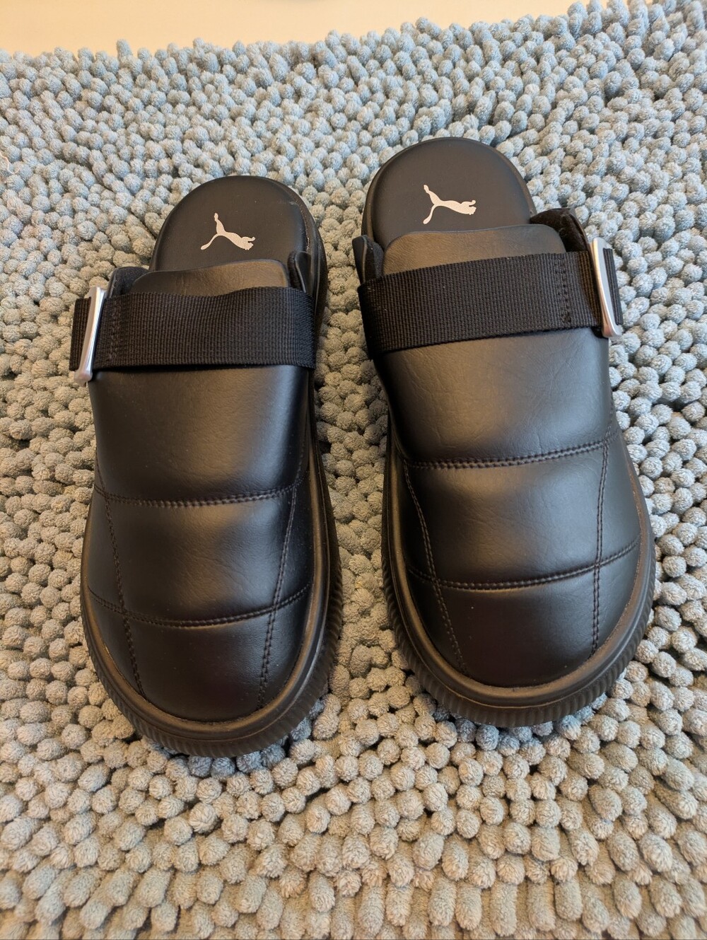 Puma women's faux leather logo black platform slip on slide shoe, size 10